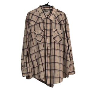 Ely Cattleman Shirt Mens Long Sleeve Tan Multicolor Plaid Western Pearl Snap